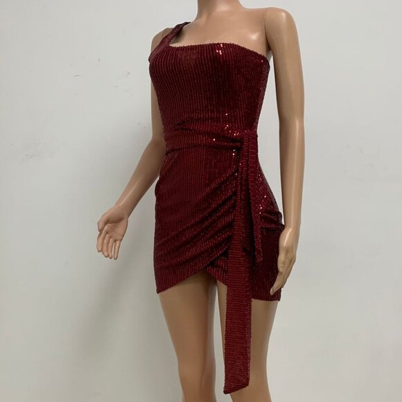 Burgundy Sequin One Shoulder Mini Dress - Picture 2 of 4